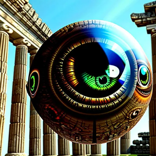 Prompt: hyperrealistic floating eyeball very large hovering over an ancient temple ruins