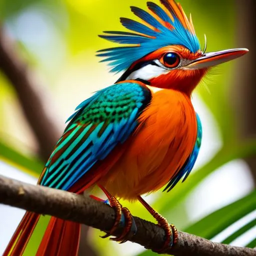 Prompt: Highly detailed of Amazonian Royal Flycatcher bird,DSLR,pretty eyes,ultra-fine detailed,masterpiece,epic,natural lighting,forest background,full of plans,cloudy,blue sky,little bit foggy,aesthetic,ilustration,dynamic potrait,2D,golden hour,UHD,HDR,