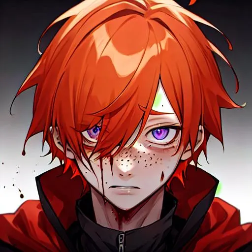 Prompt: Erikku male adult (short ginger hair, freckles, right eye blue left eye purple) UHD, 8K, Highly detailed, insane detail, best quality, high quality, covered in blood, covering his face