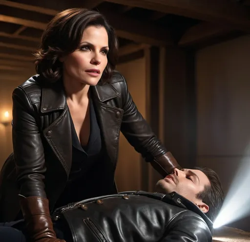 Prompt: Photorealistic Lana Parrilla in a black leather coat and long brown gloves, staring down touching the face of her unconscious male son, lying under a narrow beam of light beam, detailed face, intricate leather textures, high-quality, professional, detailed eyes, atmospheric lighting, stock photo, med bay setting, detailed textures, professional lighting