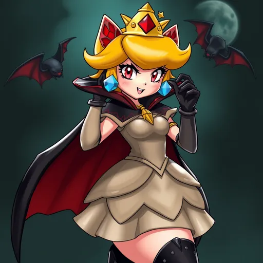 Prompt: princess Daisy from super Mario bros  get bitten by a vampire bat and start turing into a vampire the eyse turn red her gloves are now patten leather black and she has on a vampire cape with collar up get dress is short to show off her new thigh high heel boots you see her showing off her fangs