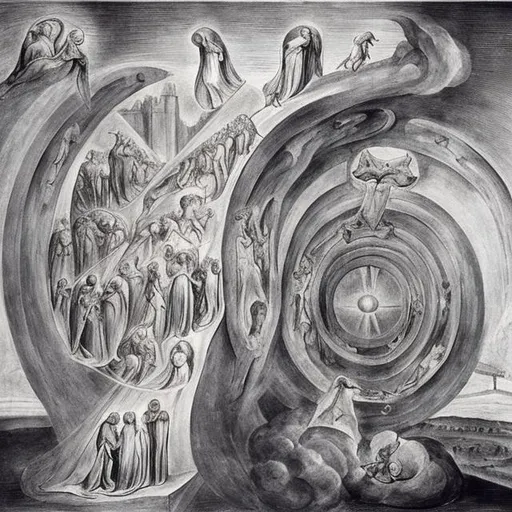 Prompt: Jacob's ladder by William Blake, angels ascending to heaven, spiral staircase, tower of babel, Hieronymus Bosch, Kabbalah, sephirot