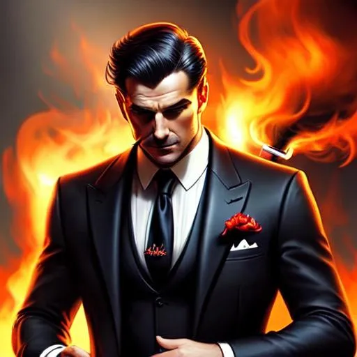 Prompt: The devil wear classic suit, The devil holding match, smoking cigarette