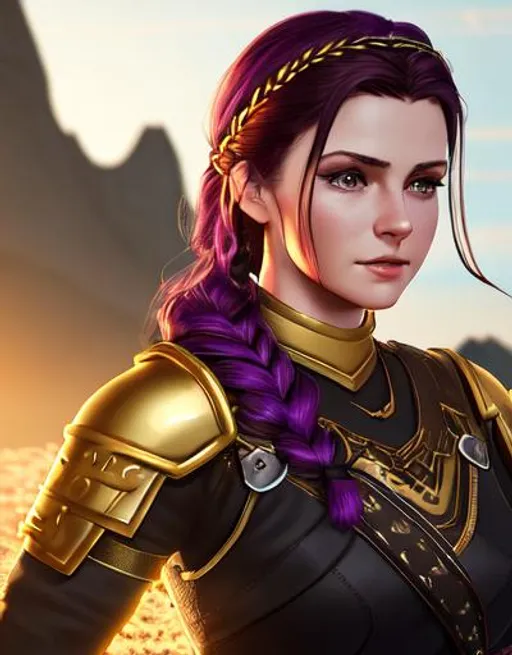 Prompt: Digital art, 20-year-old woman viking, light blue eyes, subtle smile, dark purple hair, one braid, black gear, gold armor, unreal engine 8k octane, 3d lighting, full body, full armor