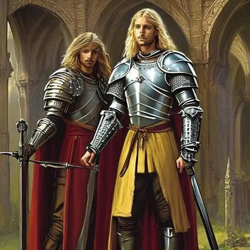 Prompt: Handsome, Medieval knight, long blonde hair, in scale armour, templar Surcoat,  style of Brothers Hildebrandt