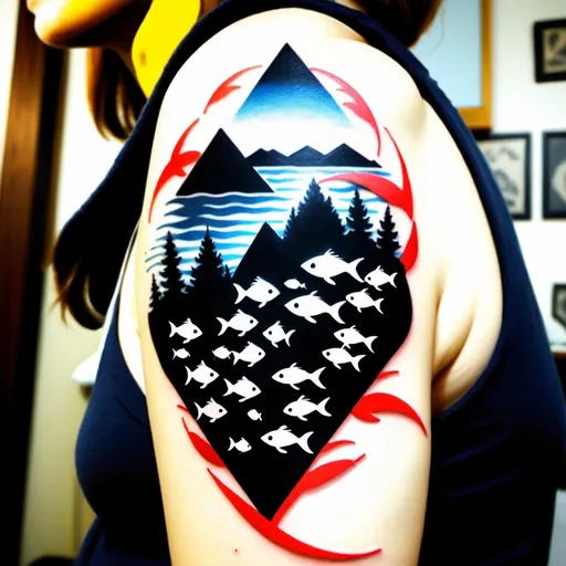 Prompt: a black and white tattoo of a school of fish. play with the shape of the fish