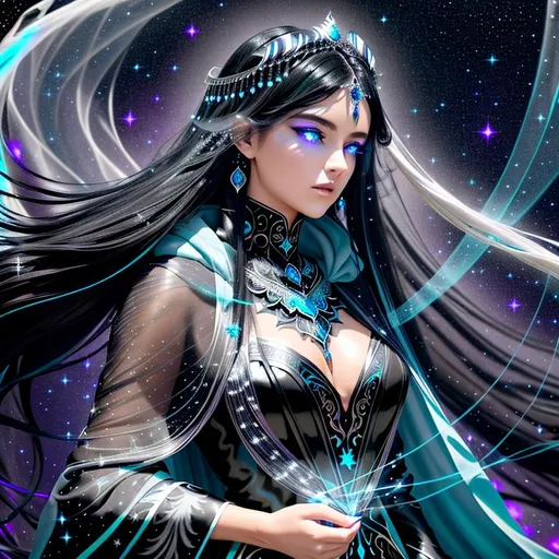 Prompt: Tall, darkly ethereal, inhumanly beautiful female humanoid angelic creature with one black and purple wing and one white and teal wing, and flowing dark black hair flecked with stars blowing in the wind shrouded in a long flowing cloak made with an ornate silver and black breastplate and trailing mesmerizing flowing wisps of shadows and light with glittering glowing ice blue eyes and a detailed, delicate, pale, and serious face with delicately pointed ears with intricate silver earrings, and a intricate purple and silver crown, and hands with an intricate silver and blue ring on her left ring finger, and ornate silver bracelets on each wrist   with a crescent moon and stars in the background 
