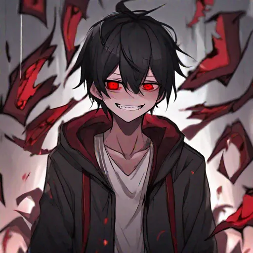 Damien (male, short black hair, red eyes) smiling sa... | OpenArt