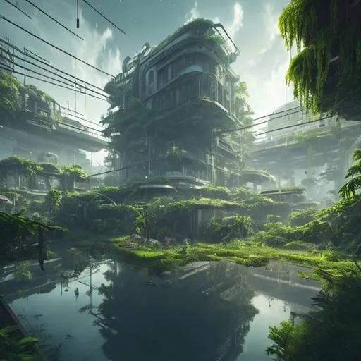 Prompt: Old abandoned Futuristic city overgrown with lush green plants reflection lake light bluse sky high resolution 8k