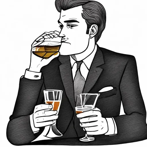 Prompt: A hand drawn picture of a posh man holding a drink, simple lines
