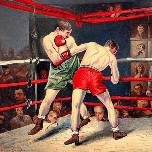 Prompt: A painting of 19th century Boxing match with a boxing having jaw broken bright lights from camera flashes