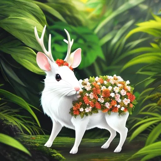 Prompt: A Floral White Half Rodent Half Deer creature in the Jungle