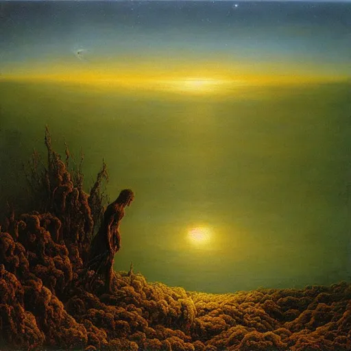 Prompt: Hyper-realistic nightmarish painting by Zdzisław Beksiński of a warrior standing upon a landscape of corpses as he is consumed by fire. A glimmer of hope shines above the warrior, painted by Alejandro Bursido. Subtle green hellfire | quasar | galaxies | cosmic| tearing space and time apart | chaos | suffering | malevolence | grim | thin subtle green lightning | despair | UHD, 4K, 8K, 64K, extremely detailed