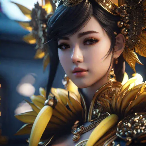 Prompt: {{{{highest quality absurdres best award-winning masterpiece}}}} best octane rendered stylized splashscreen videogame trailer digital oil art {{hyperrealistic stunning cinematic semi-anime waifu style}} closeup of hyperrealistic intricately hyperdetailed wonderful stunning beautiful gorgeous charming cute posing feminine 22 year {{banana-spirit queen}} with {{hyperrealistic dark ombre hair}} and {{hyperrealistic perfect beautiful eyes}} wearing {{hyperrealistic yellow banana queen themed outfit}} with deep exposed visible cleavage and tight arousing abdomen, in {{hyperrealistic intricately hyperdetailed perfect 128k highest resolution definition fidelity UHD HDR}},
hyperrealistic intricately hyperdetailed wonderful stunning beautiful gorgeous charming cute natural feminine semi-anime waifu face with romance glamour soft skin and red blush cheeks and perfect cute nose eyes lips with sadistic smile and {{seductive love gaze at camera}},
hyperrealistic perfect posing body anatomy in perfect epic cinematic intimate stylized composition with perfect vibrant colors and perfect shadows, perfect professional sharp focus RAW photography with ultra realistic perfect volumetric dramatic soft 3d lighting, trending on instagram artstation with perfect intimate epic cinematic post-production, 
{{sexy}}, {{huge breast}}
