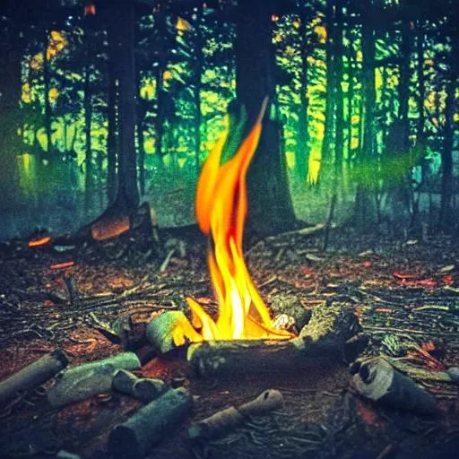 Prompt: campfire, night, psychedelic, colorful, realistic, flames, wood