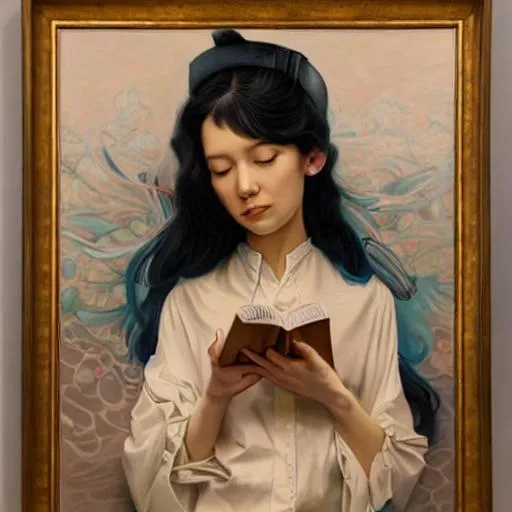 Prompt: in the style of James Jean, painting of woman reading book, breathtakingly realistic