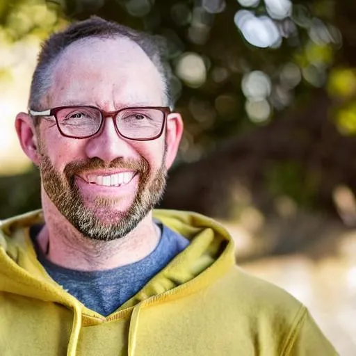 Prompt: photo realistic portrait of a white south african male called Craig in his mid 40's, goofy smile, nerdy, in a hoody, centered in frame, facing 
camera, symmetrical face, ideal human, 85mm lens,f8, photography, ultra details, natural light, light background, photo, Studio lighting