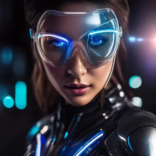 Prompt: an augmented female with a transparent suit with visible skin, 
portrait, Long shot, wide angle, 24mm lens, implants, high details, realistic , dark lighting, professionally colour graded, photorealism, 8k