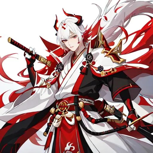 Prompt: White and red hair samurai handsome man with kyubi mask and red horns wearing gold and black armor