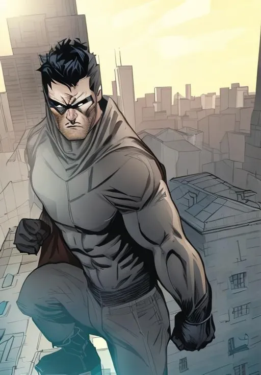 Prompt: Dark vigilante superhero brooding on top of a building, realistic style, dramatic lighting