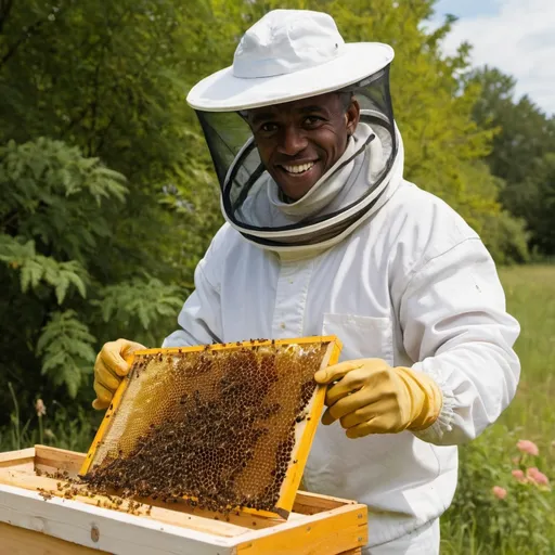 Prompt: black beekeeper holding up a slice of his beehive box full of honey comb 