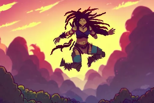 Prompt: female Half-Orc,  jump, sunset,  fantasy armor, red Dreadlocks, landscape, summer, morning, beautiful cloud, quiet,  Anime Background, illustration, sharp focus, intricate, super wide angle, trending on artstation, trending on deviantart, pixelperfect, pixel art, pixel, color limit, nearest neighbor, hard edges, art of Kirokaze pixel, art of Regular FHC, art of Pixel Jeff Franek, art of Aaron Hain, art of kryssalian,  sunset,  fantasy armor, red Dreadlocks, 