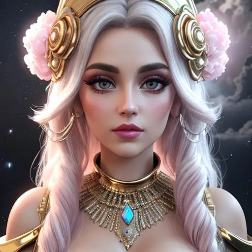 Prompt: big  eyes and carmine lips, silver and golden breaded silk, romanticism, hearts, lips, pink cheeks, translucid, unreal engine 148k octane, 3d lightning, stellar clouds, quartz and opal, fantasy