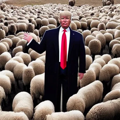Prompt: Create an image of Donald Trump standing on a stage with his back turned to the viewer, addressing a large crowd of sheep. Trump should be depicted in a suit and tie with his signature hairstyle visible from the back. The sheep should be standing in the foreground of the image, facing towards the stage, with different breeds and colors to create a diverse crowd. Pay close attention to the details of the sheep's wool, eyes, and facial expressions to ensure a believable and accurate depiction. The background should be simple, with a sky or a plain color to emphasize the focus on Trump and the sheep. Make sure the image is high quality, detailed, and realistic, so that it appears as if the scene could really exist. Ensure that the perspective of the image places the viewer at a slight distance behind the crowd and looking towards the stage to create a sense of being present at the event.