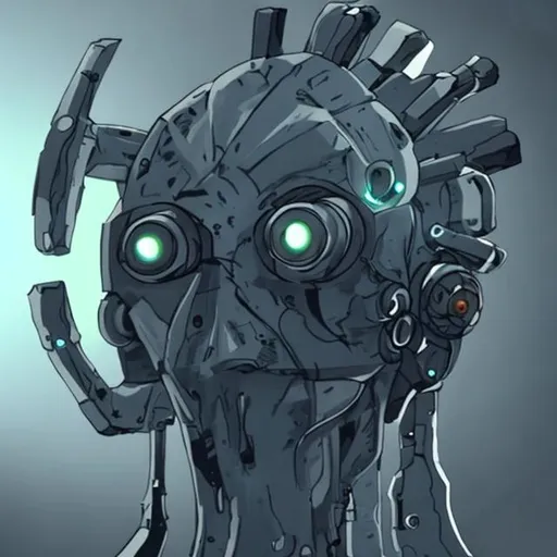 Prompt: Generate a cycloptic robot. This robot has one eye and a mask like aperatus for a mouth.