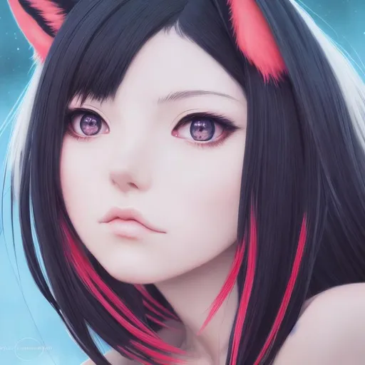 Prompt: Closeup face portrait of an {anime woman} with fluffy wolf ears  looking into camera, smooth soft skin, big dreamy eyes, beautiful black hair with red streaks, symmetrical, anime wide eyes, soft lighting, detailed face, by makoto shinkai, stanley artgerm lau, wlop, rossdraws, concept art, digital painting