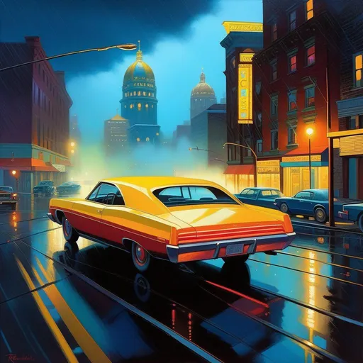 Prompt: 2030s, Pittsburgh at night, neon, car chase, rain, fog, cold blue atmosphere, cartoony style, extremely detailed painting by Greg Rutkowski and by Henry Justice Ford and by Steve Henderson 

