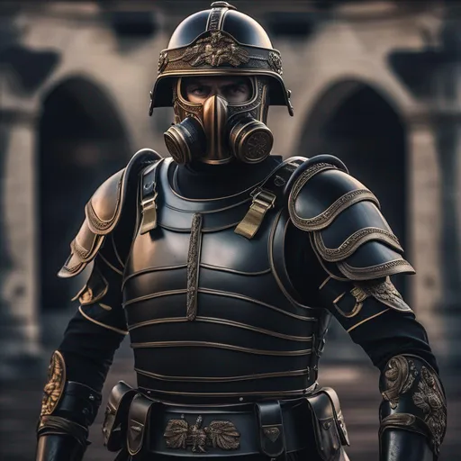 Prompt: A modern roman military male in black military armor galea helmet of roman armor, and gas mask, background military base, Hyperrealistic, sharp focus, Professional, UHD, HDR, 8K, Render, electronic, dramatic, vivid, pressure, stress, nervous vibe, loud, tension, traumatic, dark, cataclysmic, violent, fighting, Epic