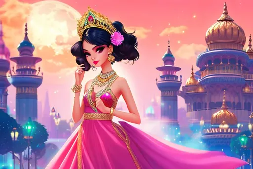 Prompt: head-on, surreal cartoon, high fashionista pose, glossy, walking toward viewer, stunning Punjabi lolita, she is dressed like a summer queen, dramatic jewelry, statement necklace, background is architecture lit by the moon,  trending on artstation