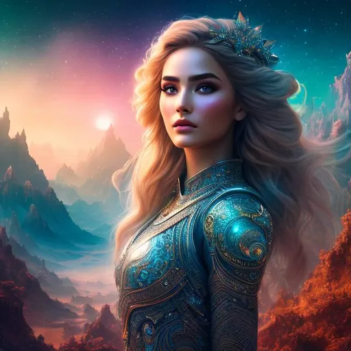 Prompt: create photograph of beautiful fictional female goddess who is from future , extremely, wide angle, detailed environment, detailed background, planets an nebulae in sky highly detailed, intricate, detailed skin, natural colors , professionally color graded, photorealism, 8k, moody lighting

