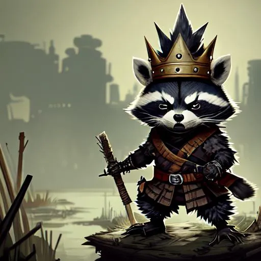 Prompt: Anthropomorphic mutated muscled Racoon ninja with furry skin and a spiky crown on its head.
Swamp with reeds and rocks background, Gritty, Hard Lighting, Harsh Shadows, Industrial environment, rusted metal, urban decay