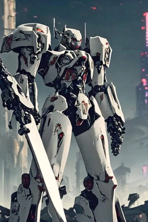 Prompt: A white mecha with sleek but complex armour design holding a long sword and floating weapons surrounding it with a ruined city as background
