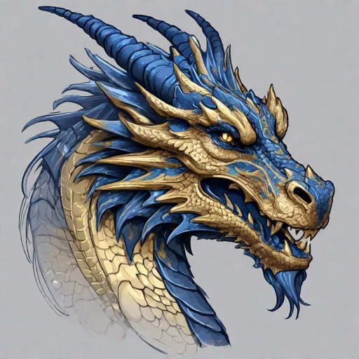 Prompt: Concept design of a dragon. Dragon head portrait. Side view. The dragon has a closed mouth. Coloring in the dragon is predominantly dark blue with light gold streaks and details present.