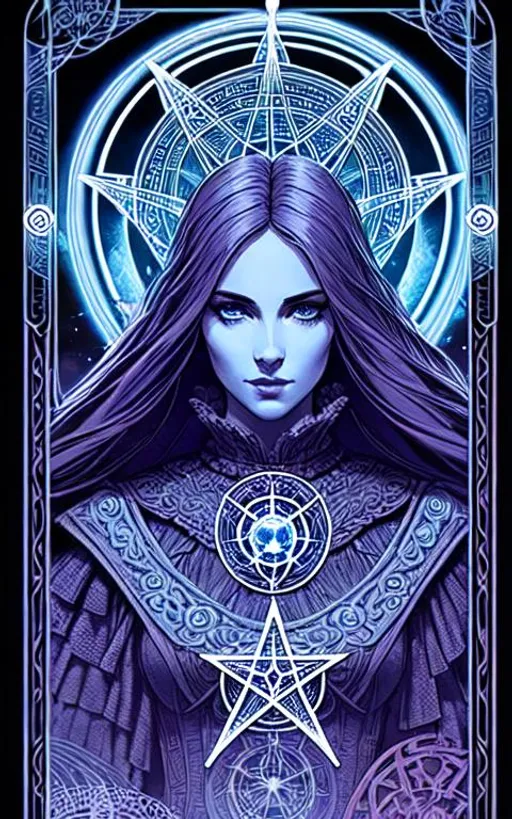 Prompt: tarot card style + goddess portrait, vintage detailed sci-fi illustration, pentagram + intricate Celtic ink illustration + symmetry + bloodborne