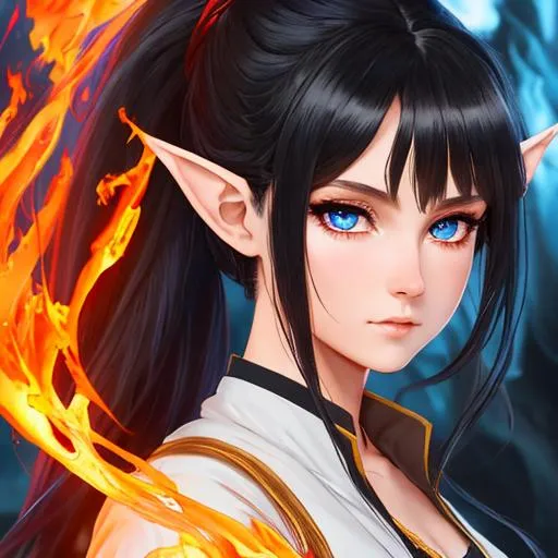 Prompt: "Full body, oil painting, fantasy, anime portrait of a young hobbit woman with flowing ash black hair in a ponytail and dark blue eyes, short elf ears | Elemental fire sorceress wearing intricate fiery red wizard robes casting a flame spell, #3238, UHD, hd , 8k eyes, detailed face, big anime dreamy eyes, 8k eyes, intricate details, insanely detailed, masterpiece, cinematic lighting, 8k, complementary colors, golden ratio, octane render, volumetric lighting, unreal 5, artwork, concept art, cover, top model, light on hair colorful glamourous hyperdetailed medieval city background, intricate hyperdetailed breathtaking colorful glamorous scenic view landscape, ultra-fine details, hyper-focused, deep colors, dramatic lighting, ambient lighting god rays, flowers, garden | by sakimi chan, artgerm, wlop, pixiv, tumblr, instagram, deviantart