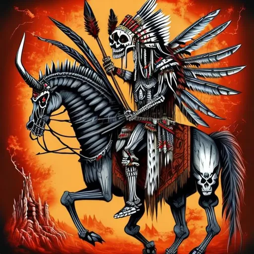 Prompt: Dark creepy native American skeleton clothes it aged tribal gear riding a horse dragon with colourful tribal paintings on it