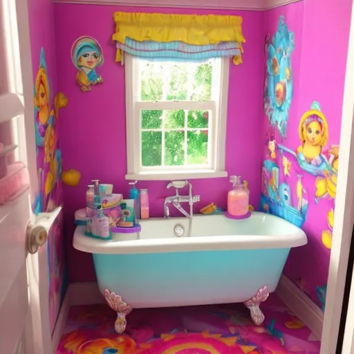 Prompt: Dollhouse bathroom inspired by Lisa frank