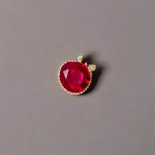 Prompt: Ruby brooch shaped like an apple with a bite out of it set with diamonds