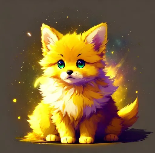 Prompt: Cute, yellow, fluffy, fantasy light puppy, with lighting, yellow eyes, yellow fur, and possessing the element of space and making circles of lighting stripes
 move around in the air in a magical way, in a space background. Perfect features, extremely detailed, realistic. Krenz Cushart + loish +gaston bussiere +craig mullins, j. c. leyendecker +Artgerm.