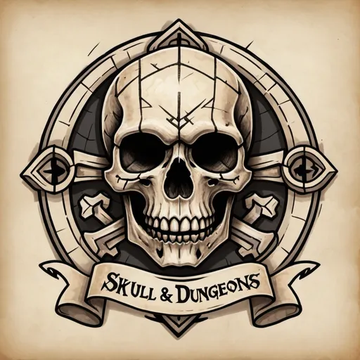 Prompt: a logo for an minecraft adventure map called Skull and Dungeons, hand-drawn on parchment in black ink