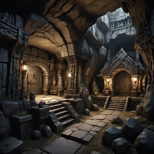 Prompt: Dwarven underground town in Warhammer fantasy RPG style, huge cave, dark mood, eerie atmosphere, dimly lit, various randomly placed houses, realistic, detailed stone carvings, intricate metalwork, rugged dwarven architecture, atmospheric lighting, high quality, RPG style, fantasy, underground, dim lighting, detailed stone carvings, intricate metalwork, rugged architecture, dynamic view, seen from distance,