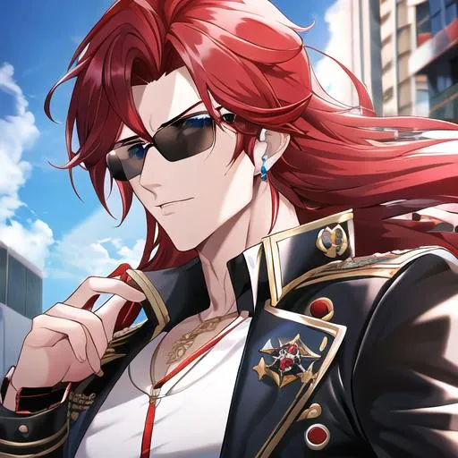 Prompt: Zerif 1male (Red side-swept hair falling between the eyes, sharp and sassy blue eyes), highly detailed face, 8K, Insane detail, best quality, UHD, handsome, flirty, muscular, Highly detailed, insane detail, high quality. black sunglasses resting on his head, gold jewelry, movie star, hollywood, wearing a black leather jacket, tight grey pants