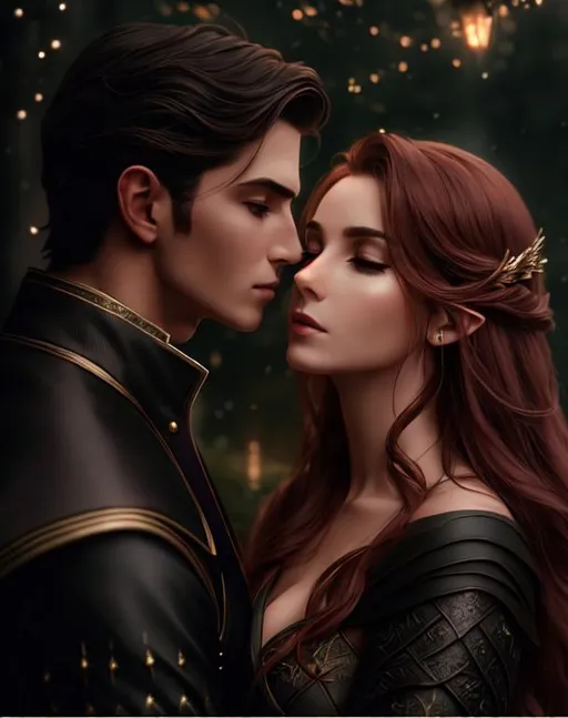 Prompt: Elf. Illyrian wings. Night ambient scenery. Mist, smoke. Analog style portrait+ style, woman and man couple, hugging, kissing. Hyperealistic 8k shot, high-resolution, Up-close focus, Highly detailed face, UHD, HD, 8k. Elain Archeron and Azriel from ACOTAR book series. Elain has long flowing golden-brown hair, soft features, fair skin, black dress. Azriel has golden-brown skin, short black hair, sharp facial features, brooding look, strong jawline, high cheekbones, hazel eyes, graceful, dark practical clothes, deep blue, silver and metallic details, stealth.