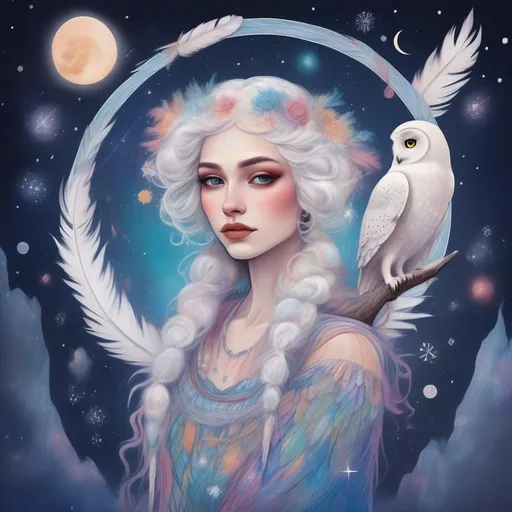 Prompt: Colourful and beautiful Persephone with snow owl feathers for hair, wearing a dress made of snow owl feathers, framed by constellations and the moon in outer space in a dreamy painted style 