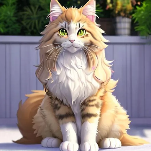 Prompt: fluffy maine coon cat, ginger fur, detailed fur, sand colored markings, fluffy white paws, detailed large eyes, purple eyes, scar on nose, has a small frog green frog on its head, highly detailed face, highly detailed fur, highly detailed, cute, adorable.