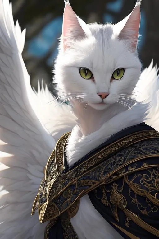 Prompt: winged cat, (masterpiece), (best quality:1.2), (intricate detail), dynamic angle, looking at viewer, (1male), ((solo)), (((full body))), (slender), (((tabaxi))), (((white fur))), ((blue pupils)), (((light armor))), black armor, ((cloak)), mysterious, ((ominous expression))